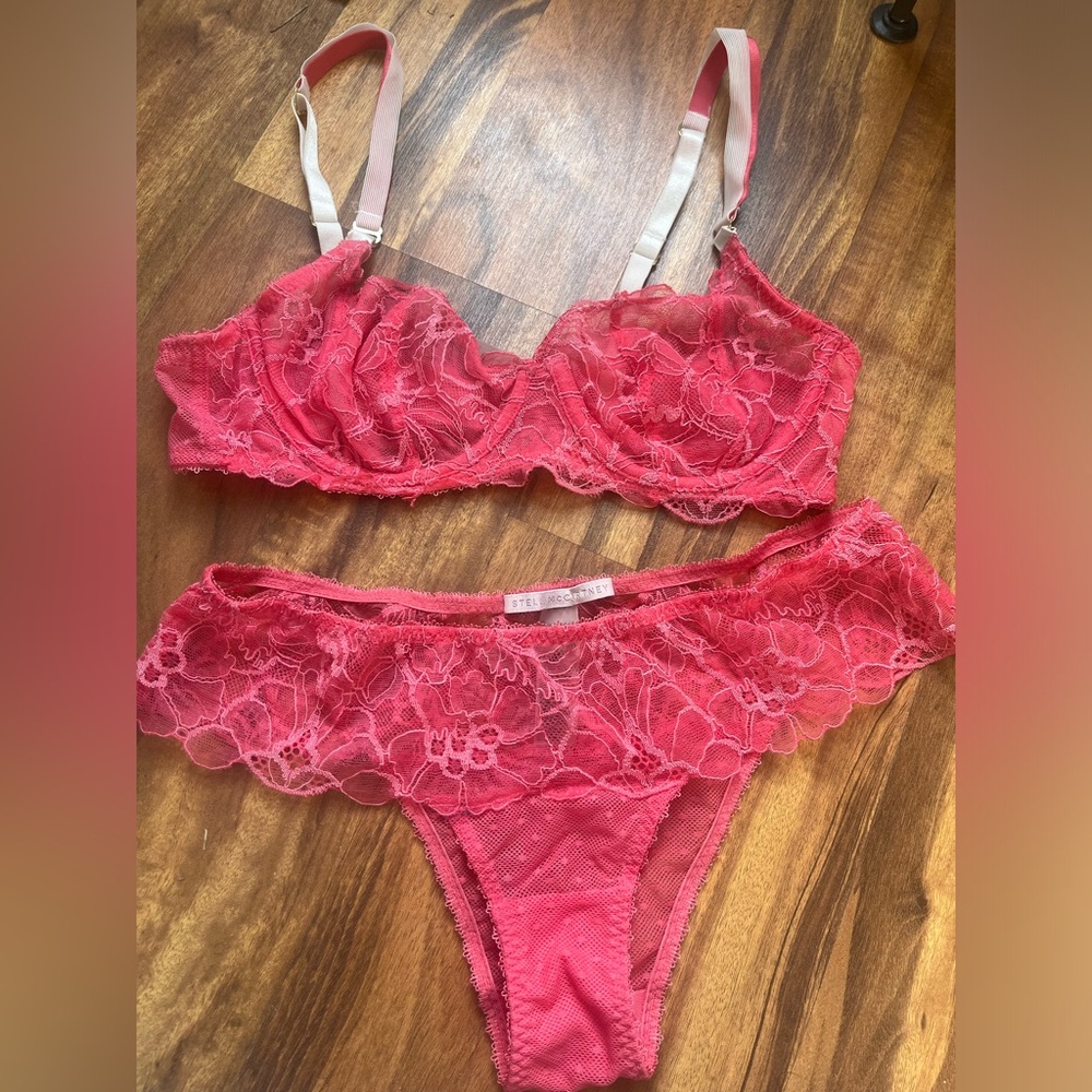 Stella McCartney pink lace lingerie set unlined Demi bra 34c bikini medium